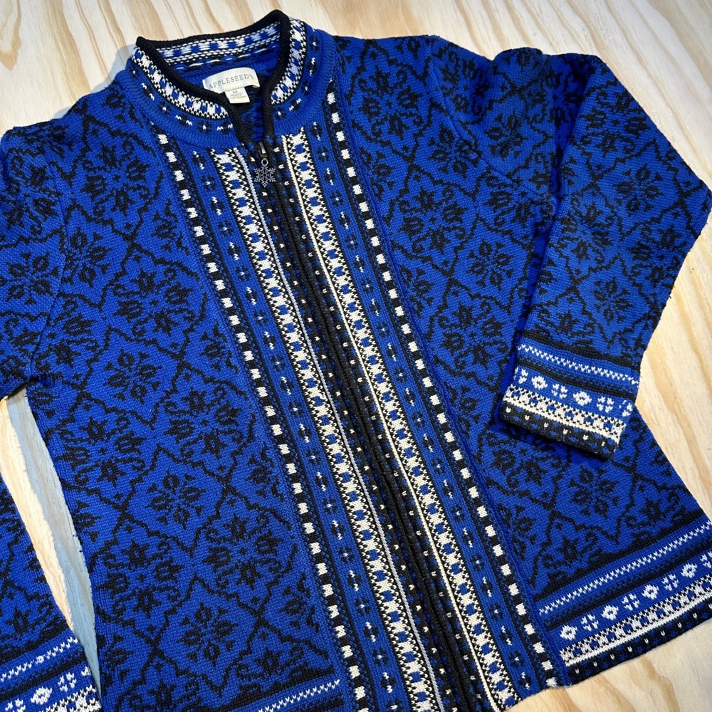 Appleseed's Womens Blue Fair Isle Snowflake Zip Up Cardigan Sweater Size M
